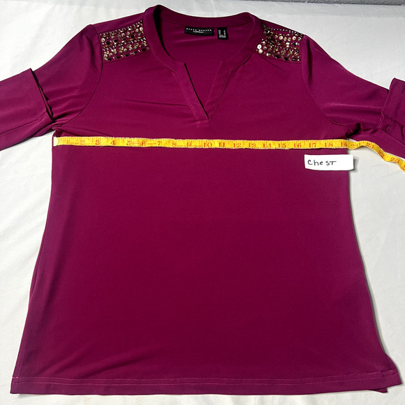 Susan Graver Artisan Womens Small Fuscia Jeweled Shoulder V- Neck Blouse Career - Picture 4 of 11